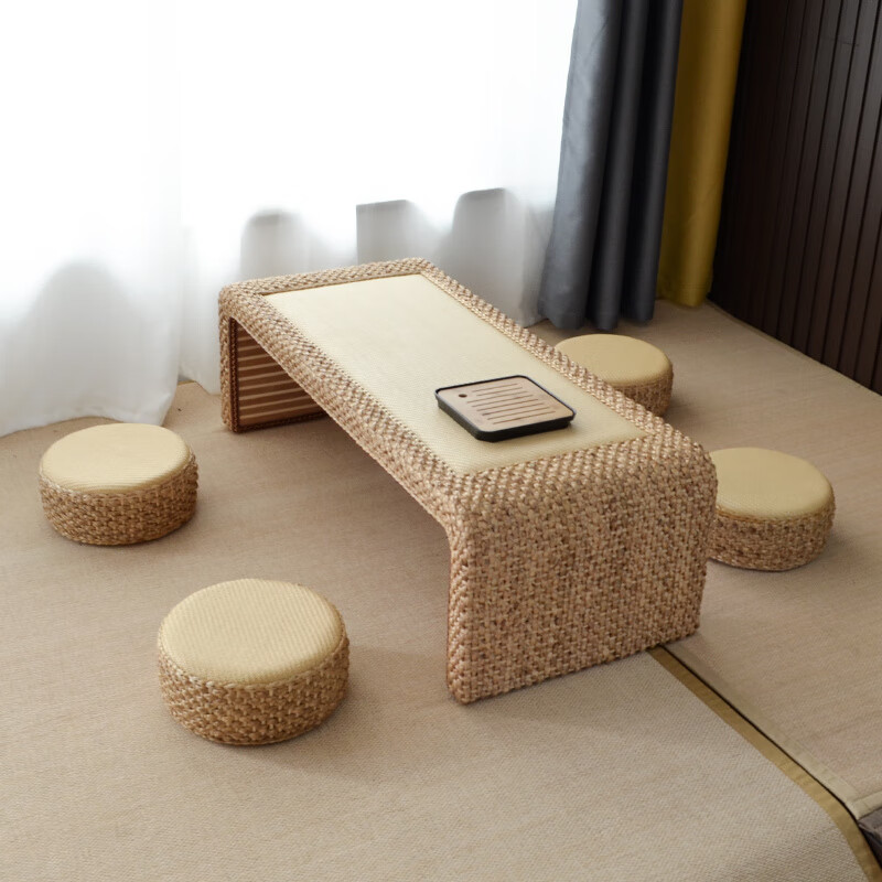 Shantou Lincun rattan tatami tea table bay window small coffee table kang table and room table Japanese three-piece table sitting floor low table home small table 80*50*38 fully equipped