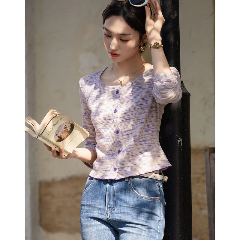 Demana Cloud Oxygen Cotton Spring Lightweight Rainbow Waffle Print Long Sleeve Layered Small Women's T-Shirt