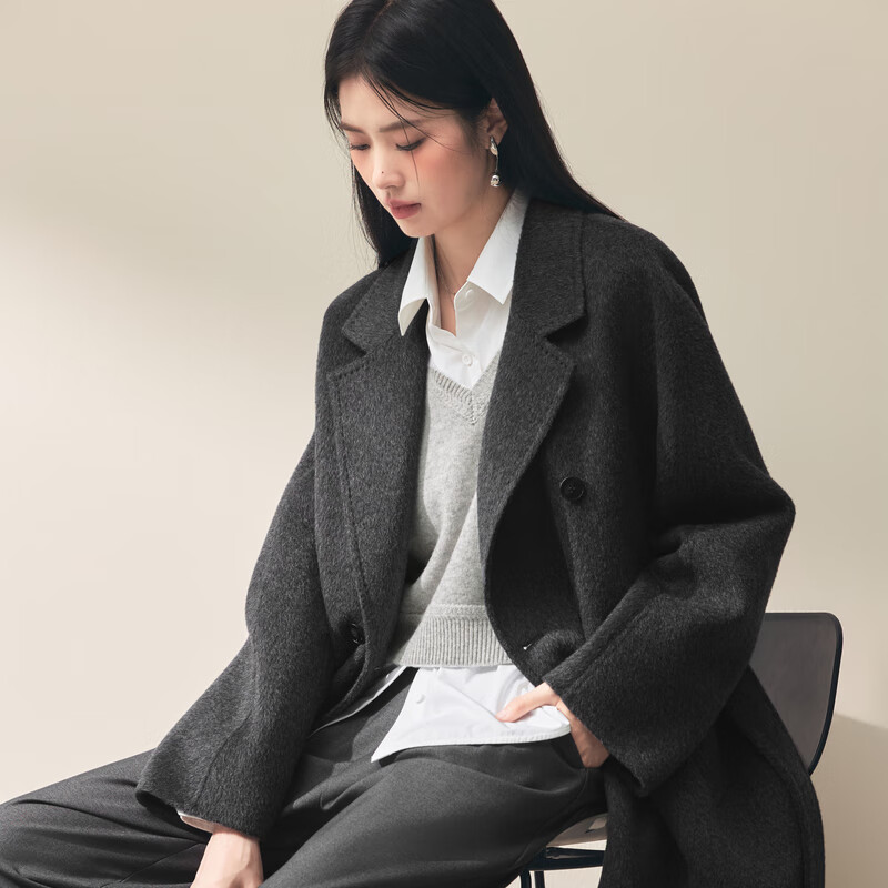 Eveli Jiang Xin word-of-mouth coat camel velvet silk double placket waist double-sided woolen coat women's autumn new style dark gray mid-length knee-length M