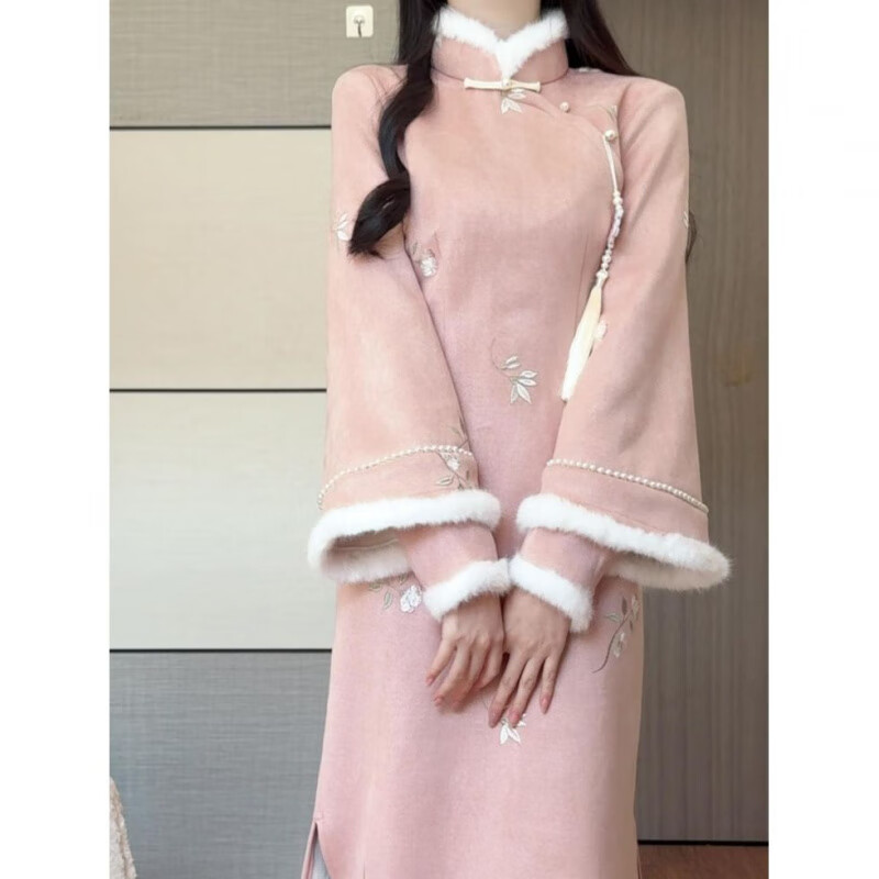 SAKENMAO Matcha 2025 winter velvet thickened improved cheongsam plush collar warm lady new Chinese style dress Yingying cheongsam embroidered velvet thickened M