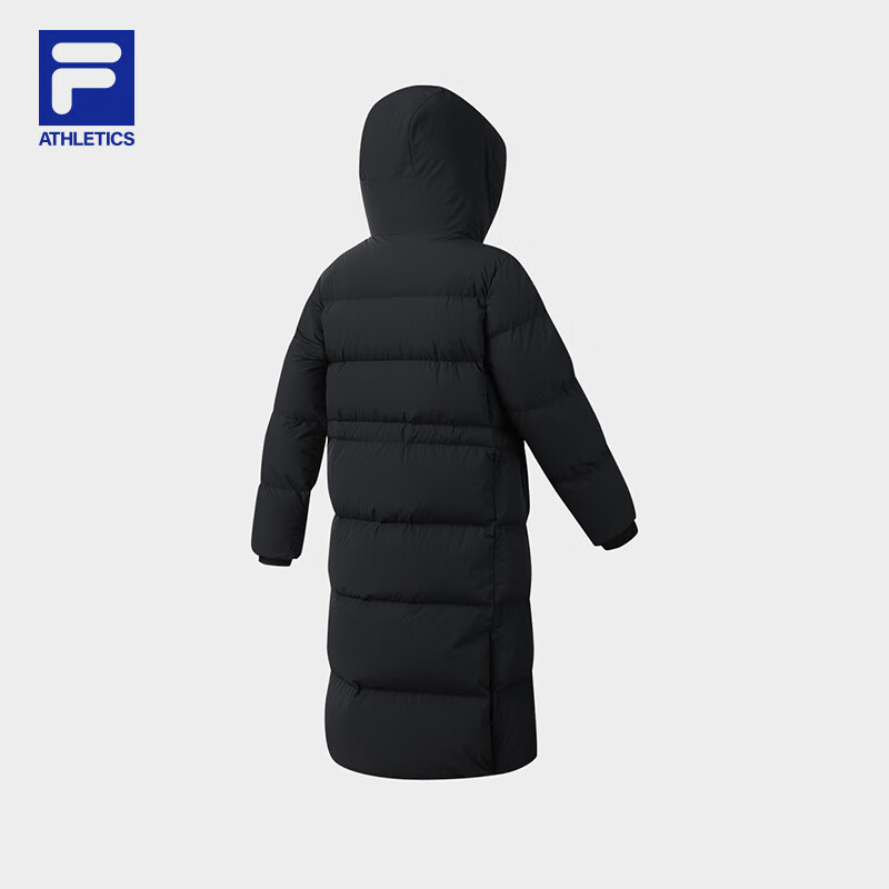 FILA Official Women's Long Down Jacket 2025 Winter New Casual Loose Warm Hooded Jacket Dark Black-BK L 170/88A/L