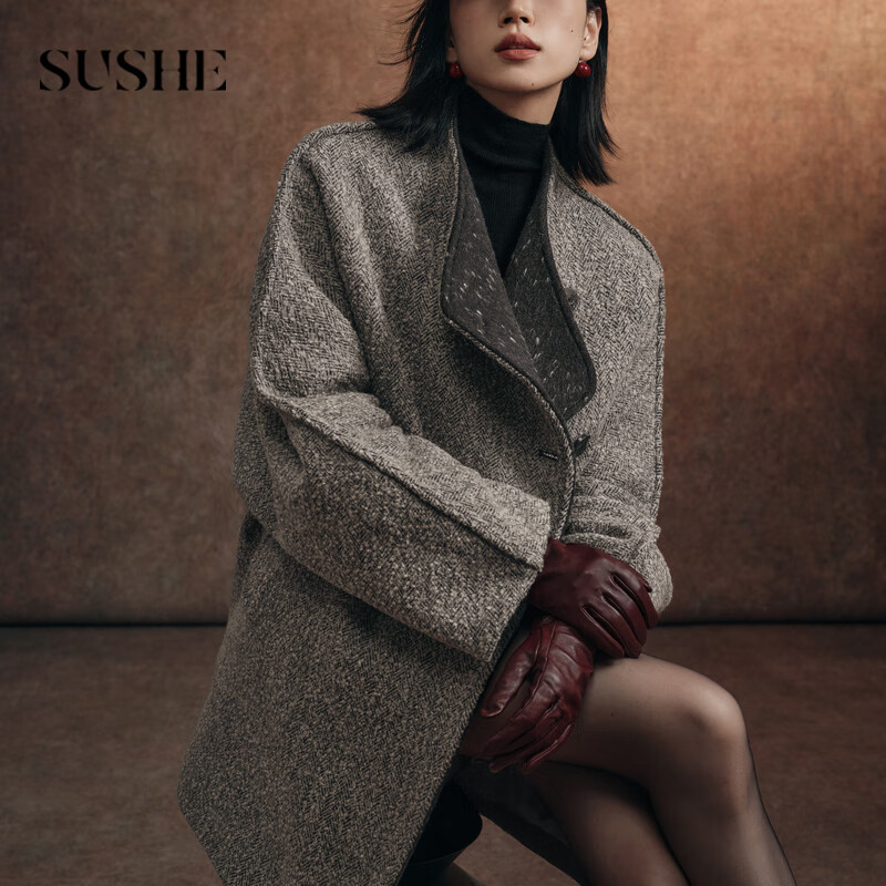 SUSHE retro VTG herringbone wool jumpsuit silhouette mid-length woolen jacket