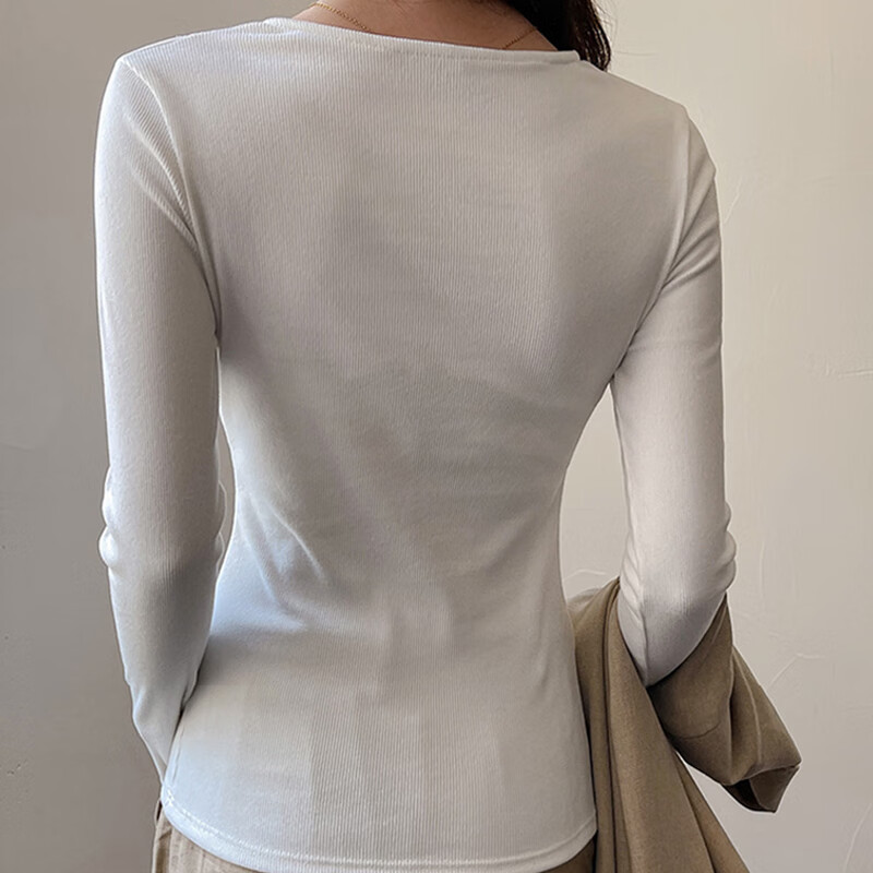 Lurang Song lace V-neck bottoming shirt for women in autumn and winter with German velvet brushed inner, slim fit, versatile long-sleeved top, shoulder T-shirt, white M (suitable for 95-115 pounds)