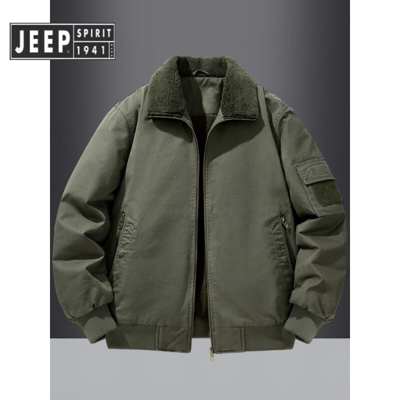 JEEP SPIRIT Jeep Air Force Pilot Jacket Men's Winter Plush Thickened Cotton Loose Men's Middle-aged Cotton Jacket Fur Collar Military Green (Dark) M (100-125 Jin)