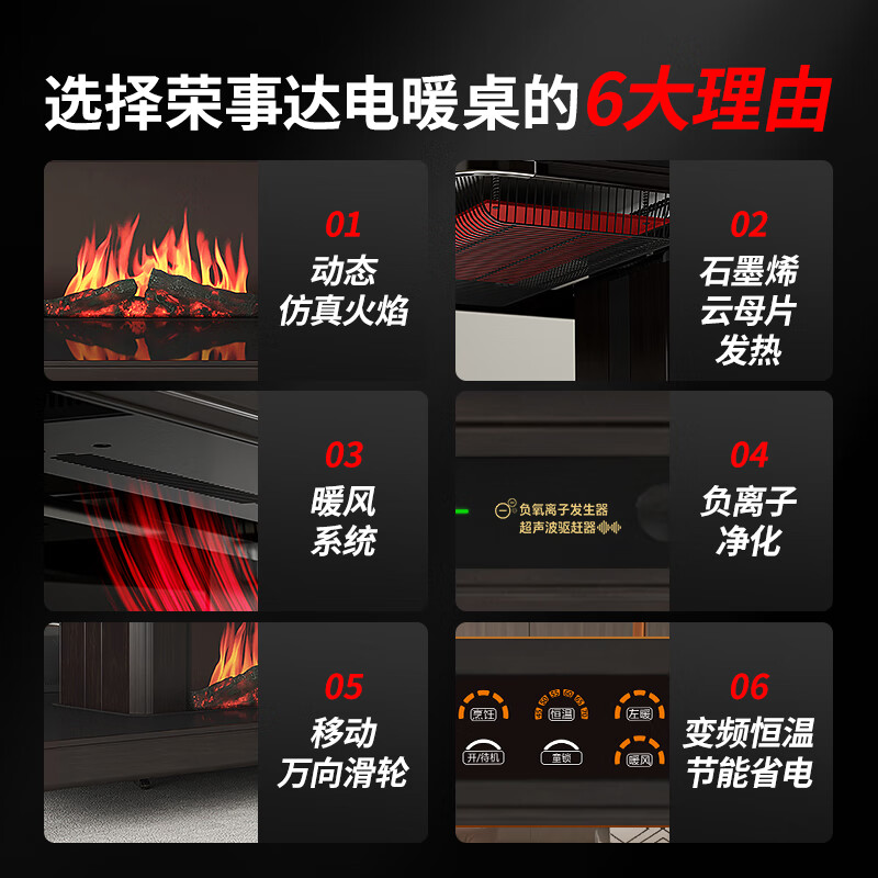 Royalstar's 26-year-old new electric heating table 1.38 meters graphene heating simulation flame grill stove table integrated home living room heating coffee table electric heater multi-functional heating table RC-C16