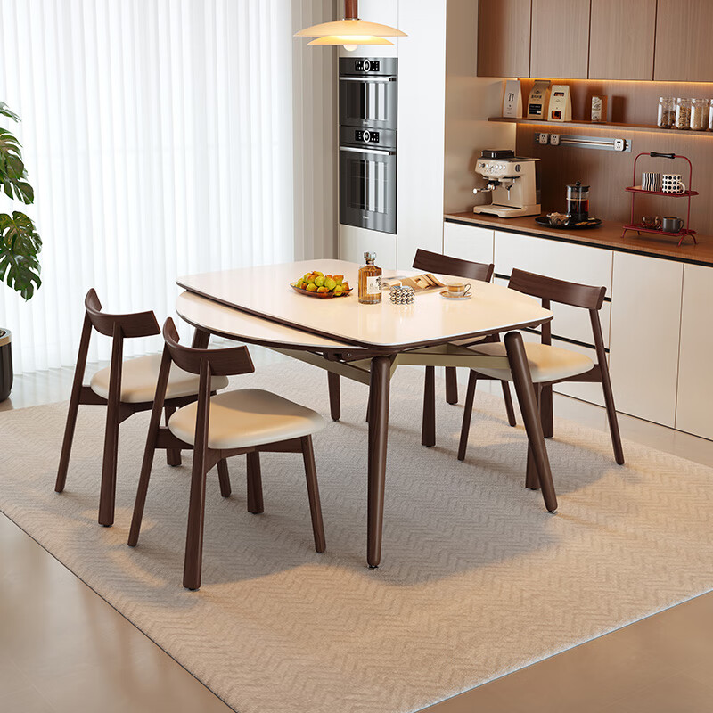 Pashaman dining table cream style retro walnut color solid wood small apartment pure white slate dining table and chairs 1.3 meters + 4 chairs 1126Y