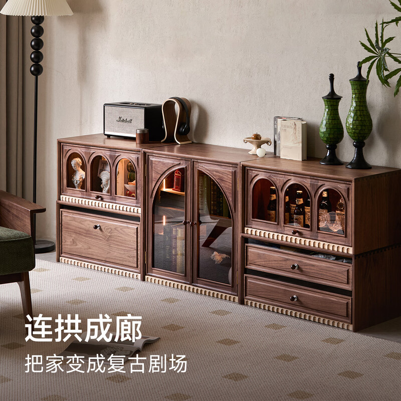 Solid wood TV cabinet made of Pusu wood, floor-standing French retro combination cabinet, antique black walnut wood living room storage integrated E cabinet - closed double drawer cabinet丨Ready stock