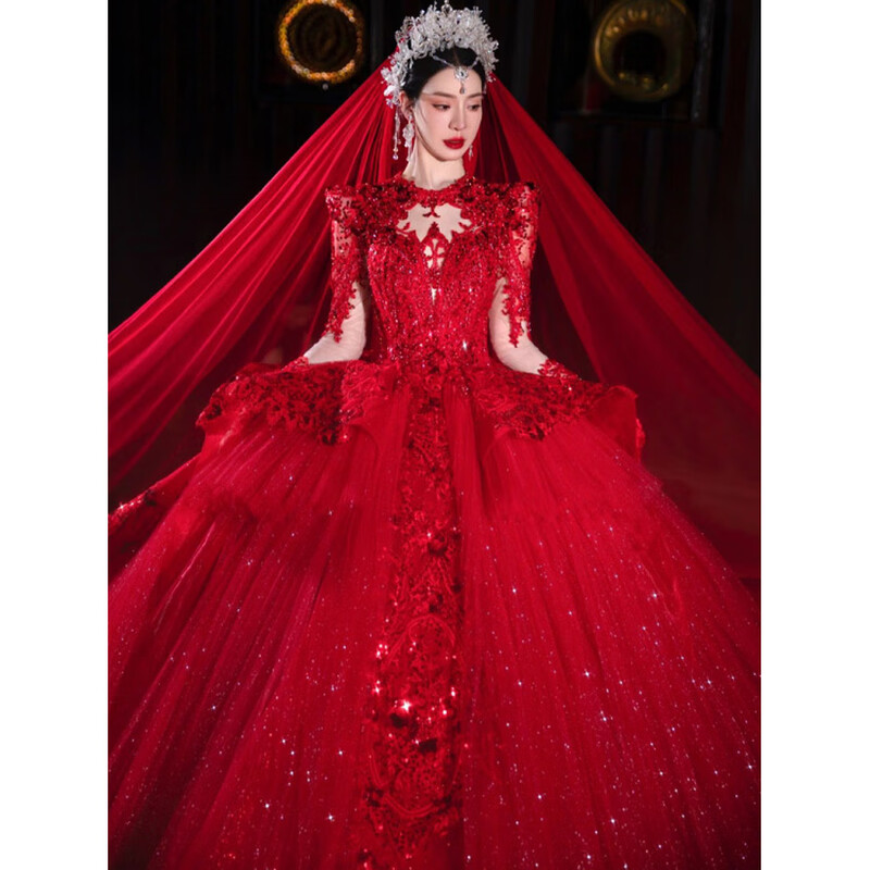 Wei Lian Meng Lan Red Main Wedding Dress 2025 New Bride V-Neck Outer Veil Large Trailing Heavy Industry Small Long Sleeve Trailing (veil glove support) L