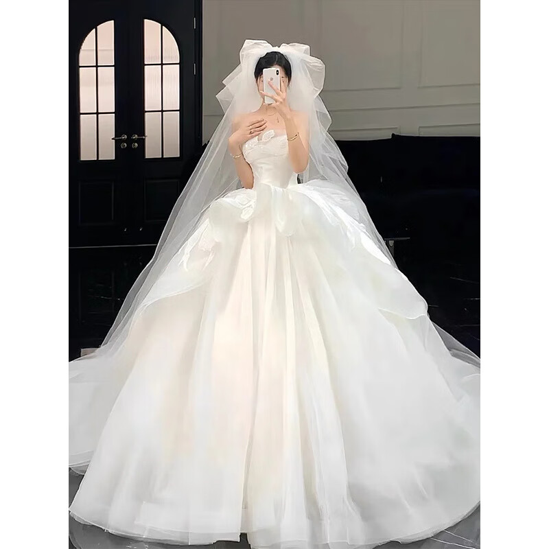 Wei Lianmenglan high-end tube top bridal wedding dress 2025 new French texture small person light luxury trailing main gauze summer white floor-length + matching zipper support L Weight about 110 pounds
