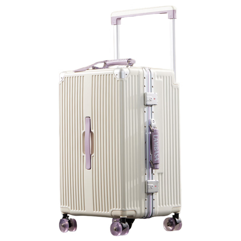 Yixuan wide trolley suitcase for women, good-looking, aluminum frame, large capacity, 24-inch deep storage password box, men's thickened contrasting suitcase, white & purple, leather handle + balanced wide trolley + PU skate wheels, 20-inch boarding suitcase, four wheels - single short distance/business trip - closed lining