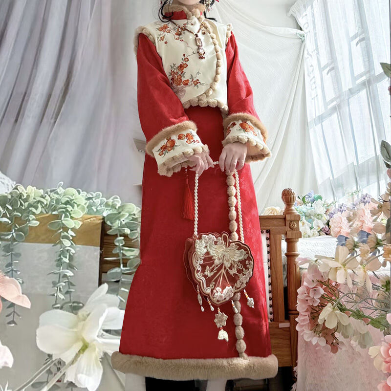 Pierre Cardin 2025 Winter Hanfu Women New Chinese Style Chinese New Year Clothes Plus Velvet Thickening Daily Winter Improved Cheongsam Vest Small Pomegranate Complete Set Free Pendant S