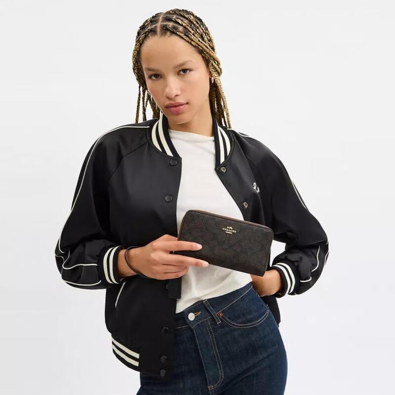 COACH Women's Long Wallet Multiple Card Slots Built-in Coin Pocket Mobile Phone Storage Folding Money Slots Printed Canvas Woolen/Black