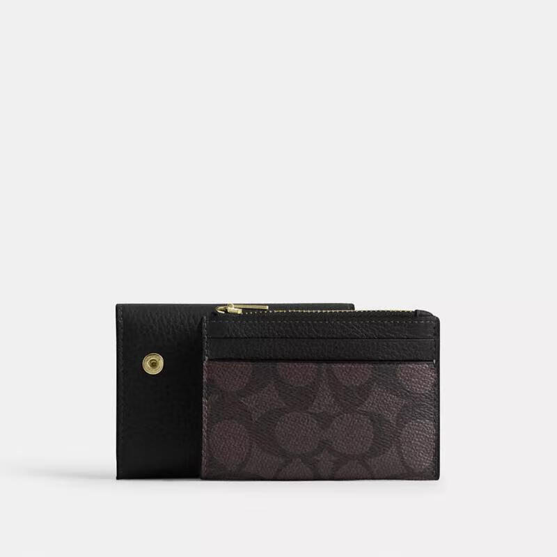 COACH women's card holder, multi-card slot design, removable card holder, zipper pocket, snap button closure, black leather material Walnut/Black