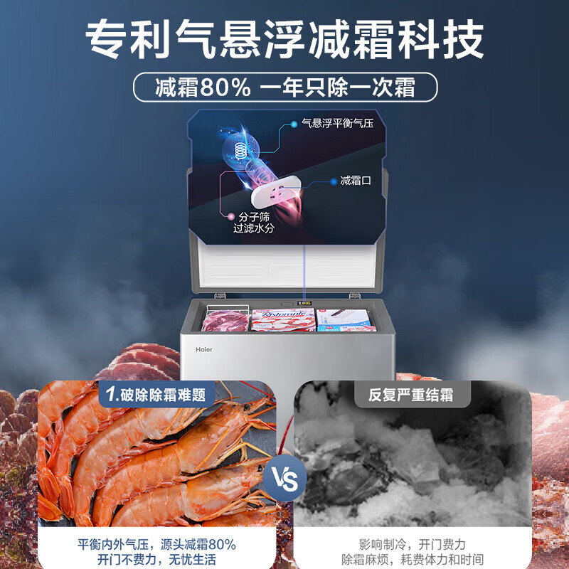 Haier home freezer 200 liters/300 liters and above minus 30 deep freeze refrigeration and freezing one-click conversion level one energy efficiency energy saving frozen vegetables and frozen meat frost reduction 80% 200 liters | -30 deep freeze quick freezing + frost reduction 80% + power outage protection