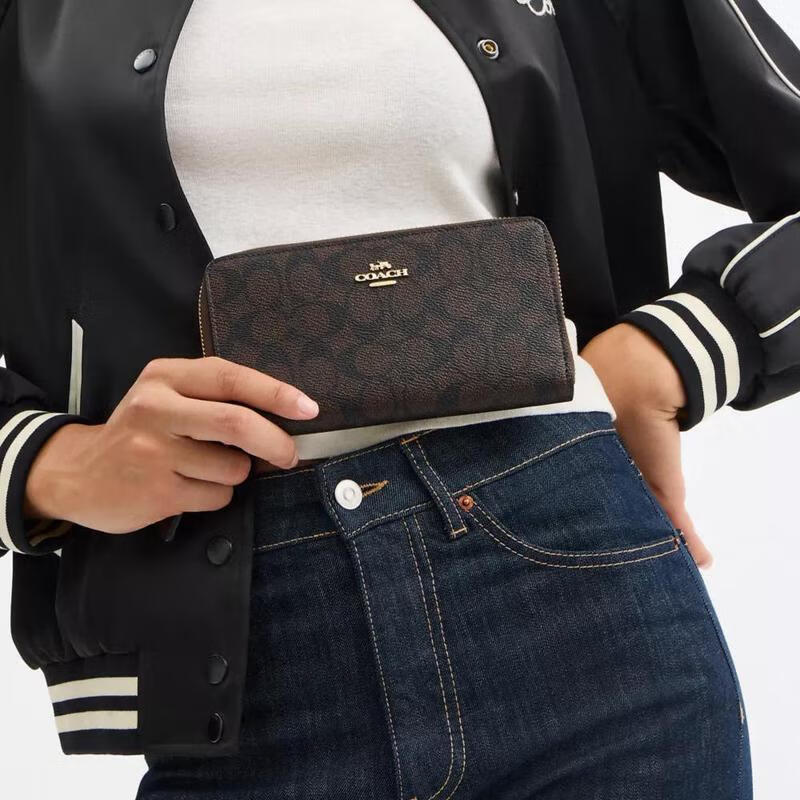 COACH Women's Long Wallet Multiple Card Slots Built-in Coin Pocket Mobile Phone Storage Folding Money Slots Printed Canvas Woolen/Black