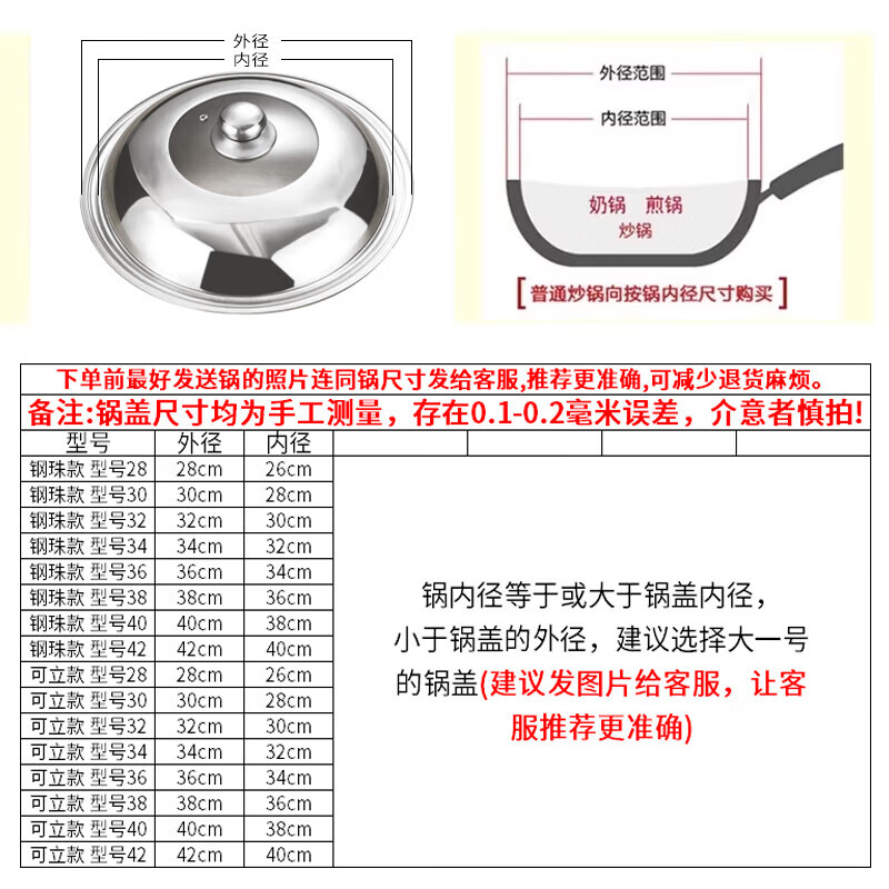 Stainless steel pot lid household cooking pot lid 32cm34cm frying pot lid universal transparent pot lid glass lid 32cm pure steel handle for food contact