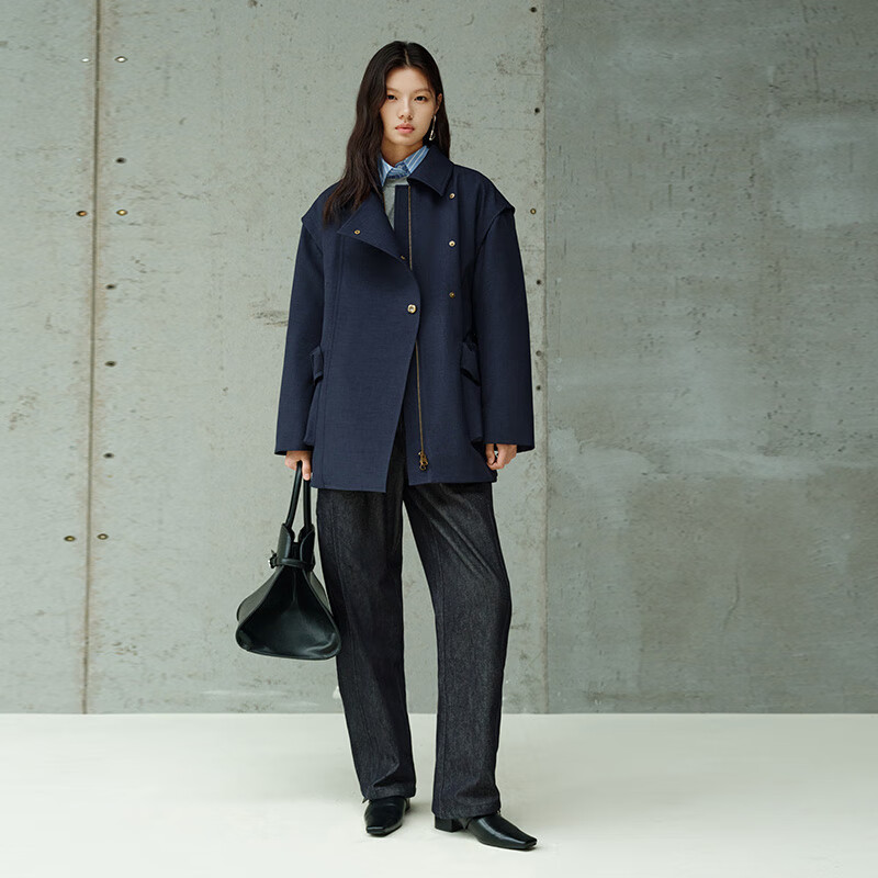 Ai Lai Chen Turin's same style goose down jacket women's fashion workwear short retro thin New Year's coat Eclipse Blue S