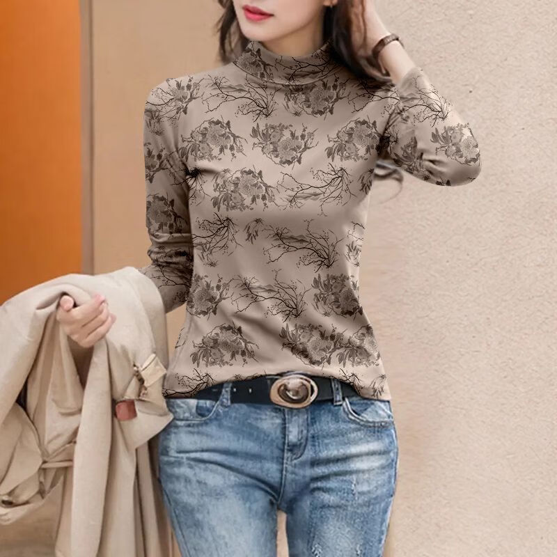 LUONI half turtleneck double-sided German velvet bottoming shirt for women in autumn and winter new style with velvet thickened warm slim fit top for women khaki D5 leopard print high quality XL recommended 120-140 pounds