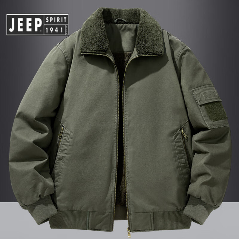 JEEP SPIRIT Jeep Air Force Pilot Jacket Men's Winter Plush Thickened Cotton Loose Men's Middle-aged Cotton Jacket Fur Collar Military Green (Dark) M (100-125 Jin)