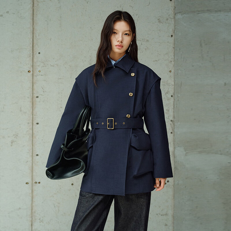 Ai Lai Chen Turin's same style goose down jacket women's fashion workwear short retro thin New Year's coat Eclipse Blue S