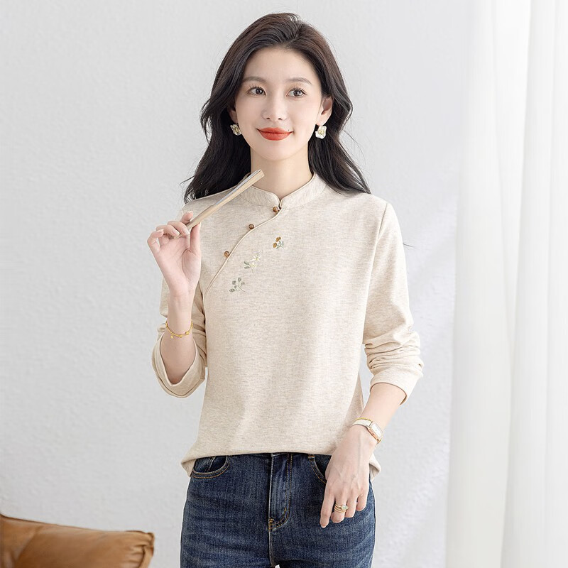 Cypress stand-up collar embroidered shirt for women 2025 autumn new style retro long-sleeved slimming new Chinese style bottoming shirt