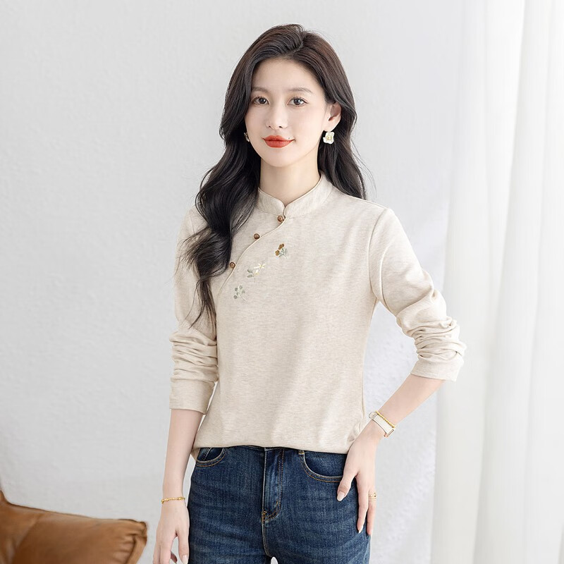 Cypress stand-up collar embroidered shirt for women 2025 autumn new style retro long-sleeved slimming new Chinese style bottoming shirt