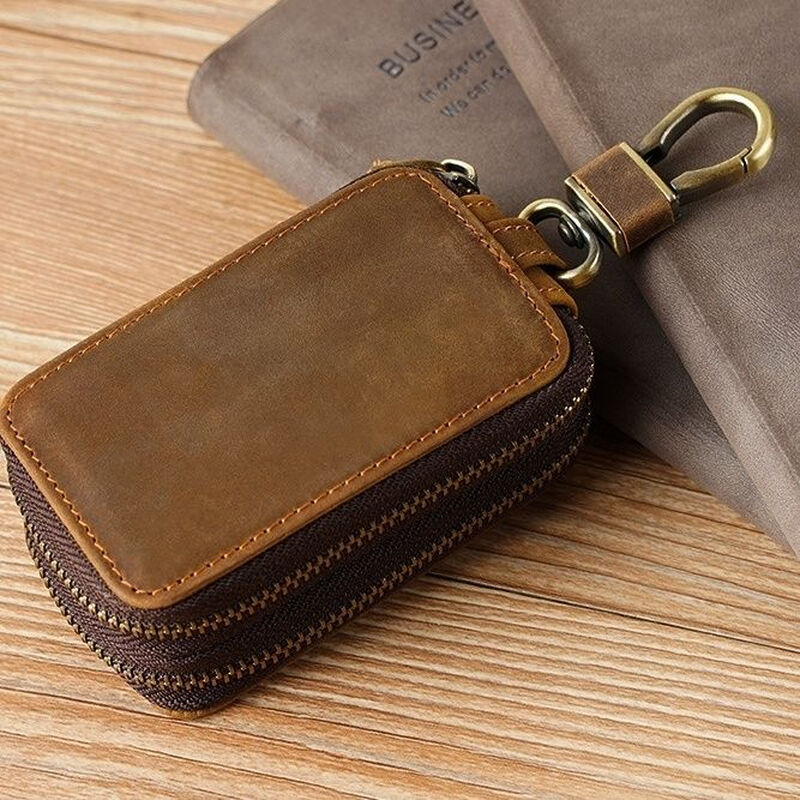 Ye Yu Crazy Horse Leather Keychain Bag Double Zipper Cowhide Car Key Bag General Motors Multifunctional Household Double Layer Key Bag Brown