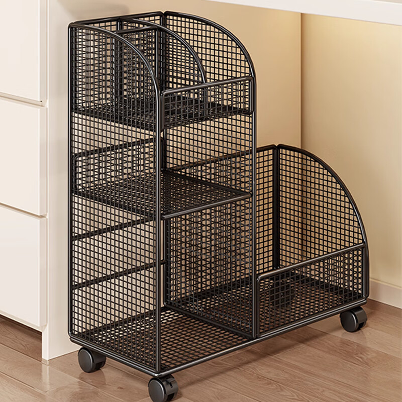 Julihui under-desk bookshelf storage rack floor-standing removable book storage rack cart tableside desk side student bookcase with wheels black three-layer model-mobile model