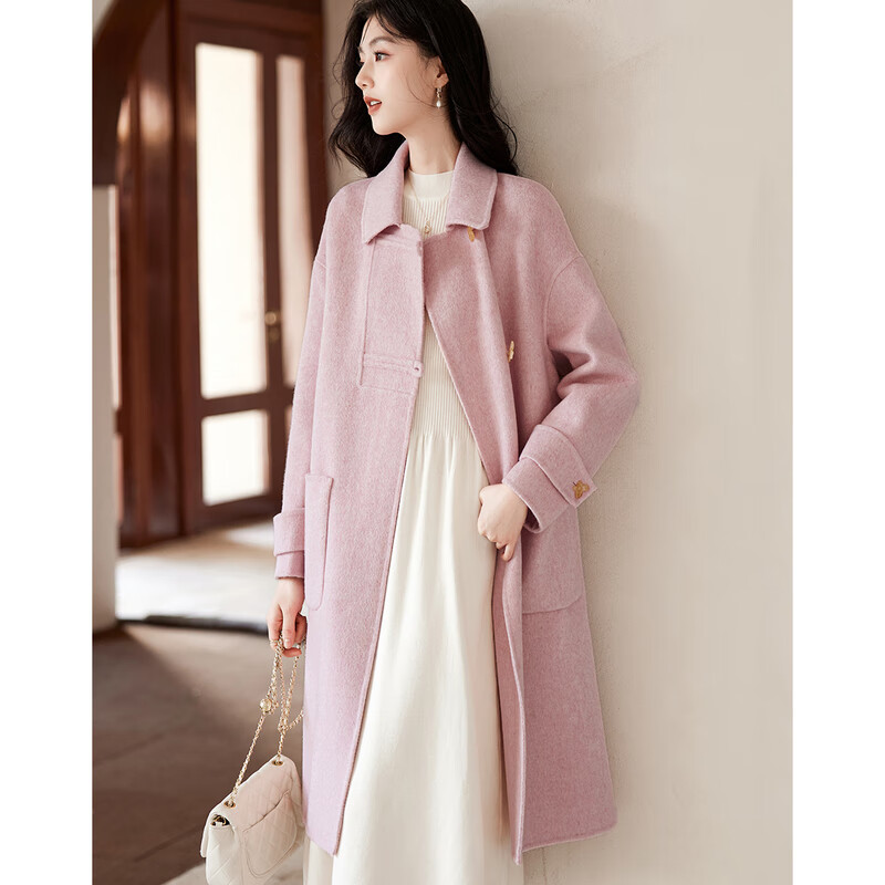 Homecoming Winter Small Flower Button Design Wool Coat High-end Niche Fashion Wool Coat Women 01 Pink S