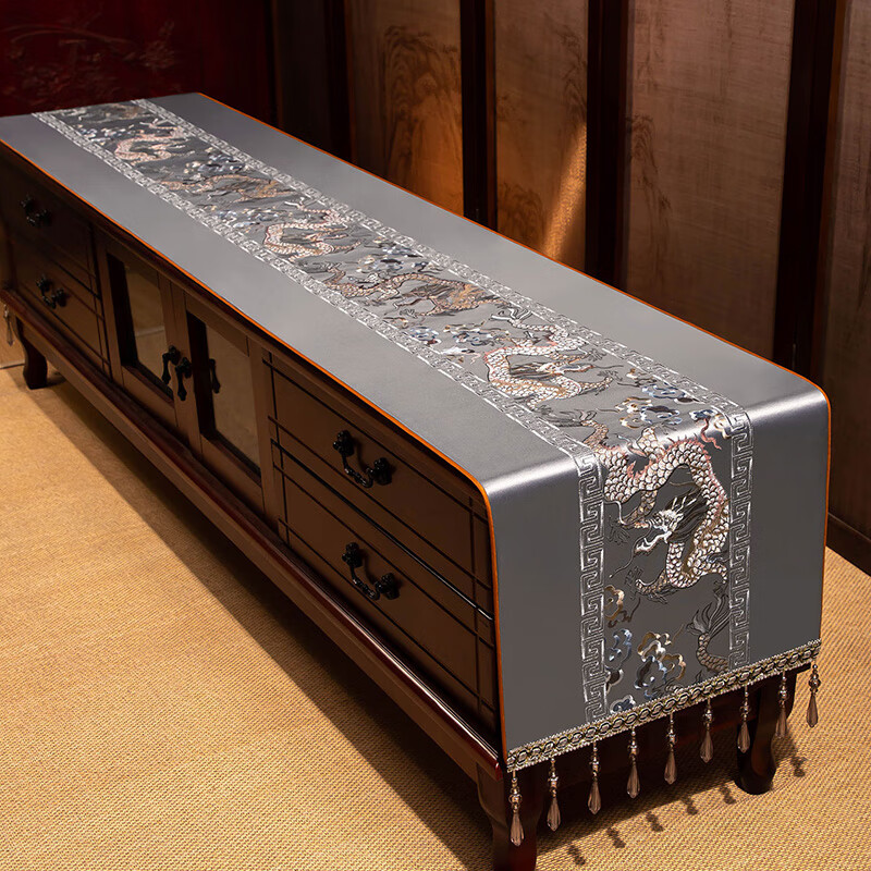 Yiboqiantang New Chinese Zen Coffee Table Tablecloth Chinese Style TV Cabinet Decorative Cover Cloth Rectangular Dining Table Sideboard Dustproof Cloth Nine Heavens Feilong Emperor Yellow High Precision/Waterproof Cabinet Cloth 40*200cm (Applicable table length 1.5-1.6m)