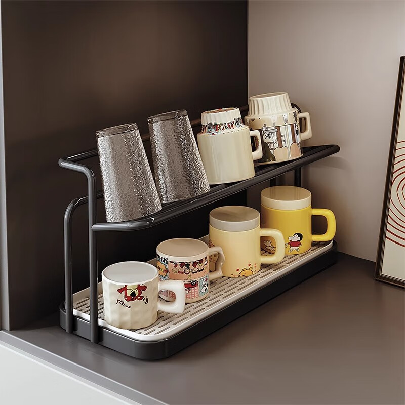 Lin's boy double-layer cup holder cup drain rack dining table countertop water cup tea cup coffee cup storage rack sideboard storage rack black double-layer drain cup holder shipped in one package