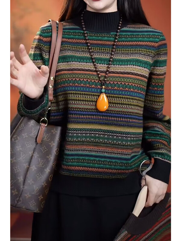 2025 new autumn and winter retro striped tops, stylish high-necked bottoming shirts, jacquard fashionable bottoming tops for women, picture color 2XL, recommended 120-135 catties