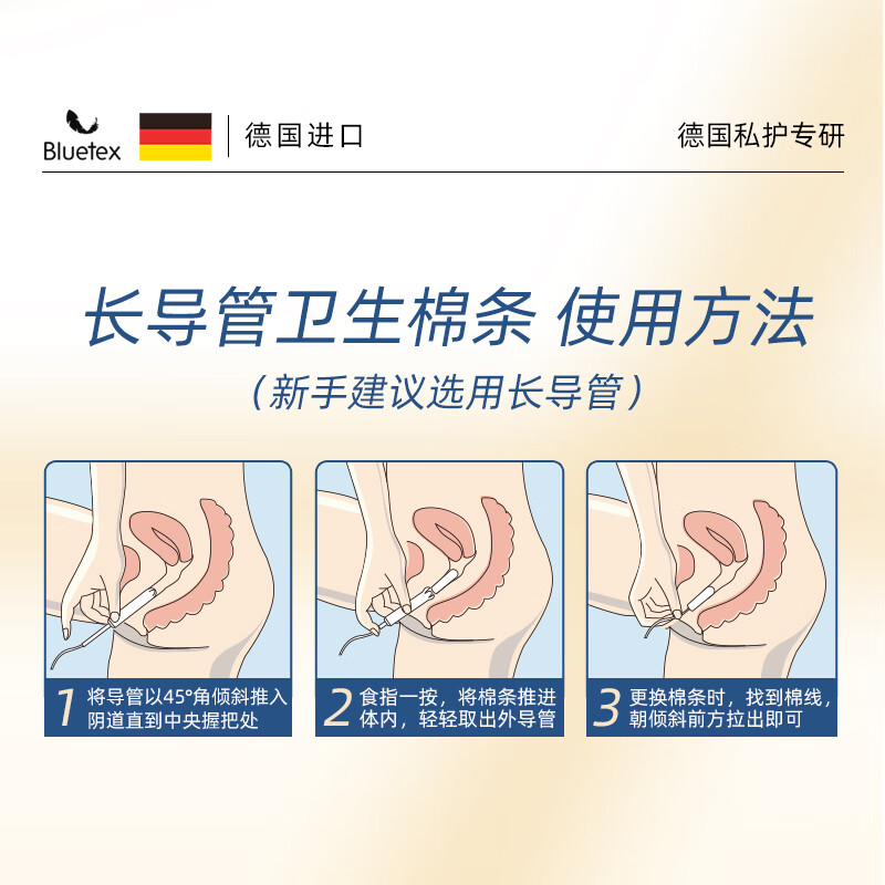 Bluetex long duct type tampons, normal flow, 18 built-in sanitary napkins, menstrual vaginal plug, self-operated