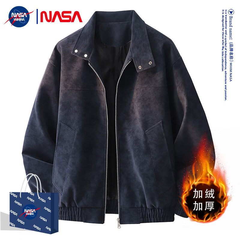 WHIM NASA American Men's Pilot Jacket Jacket Men's Winter 2025 Autumn Trendy Casual Clothes Men's Winter Velvet Leather Jacket Gray Velvet Thickened XL (Recommended 140-160 catties)