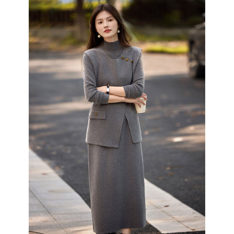 Awakening Paradise Winter Temperament Irregular Vest Bottoming Shirt Skirt Three-piece Fashion Commuting Suit Women Gray One Size