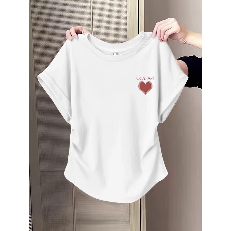 Waist slimming small flying sleeves t-shirt for women 2025 new summer bottoming shirt short-sleeved round neck curved hem top pink L recommended 101-120 catties