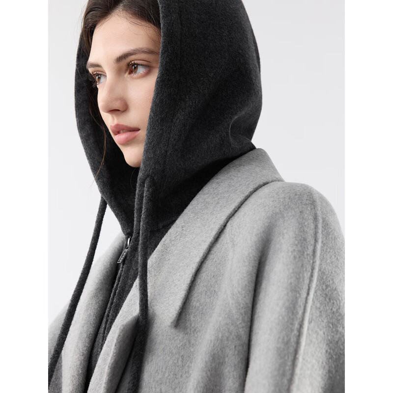 ELLE cashmere sheep wool fake two-piece double-sided woolen coat for women 2025 winter new New Year hooded woolen coat medium gray S