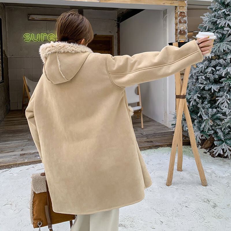 Guixue Ge Hooded Horn Button Lamb Wool Jacket Women's Autumn and Winter 2025 New Mid-Length Fur One-piece Creamy College Style Beige S (85-105 Jin)