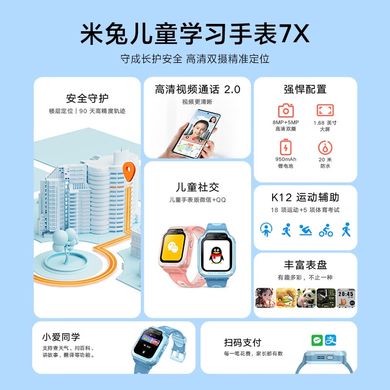 Xiaomi (MI) Mi Rabbit Children's Learning Watch 7X Pink High Definition Dual Camera Large Screen National Subsidy Floor Positioning Waterproof Support WeChat Primary School Students Junior High School Men and Women Smart Phone Watch