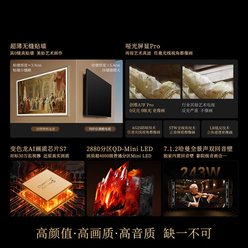 Skyworth TV A7F Pro 75-inch wallpaper TV Mini LED matte screen display ultra-thin seamless wall-mounted flicker-free screen eye protection certification national subsidies for home appliances