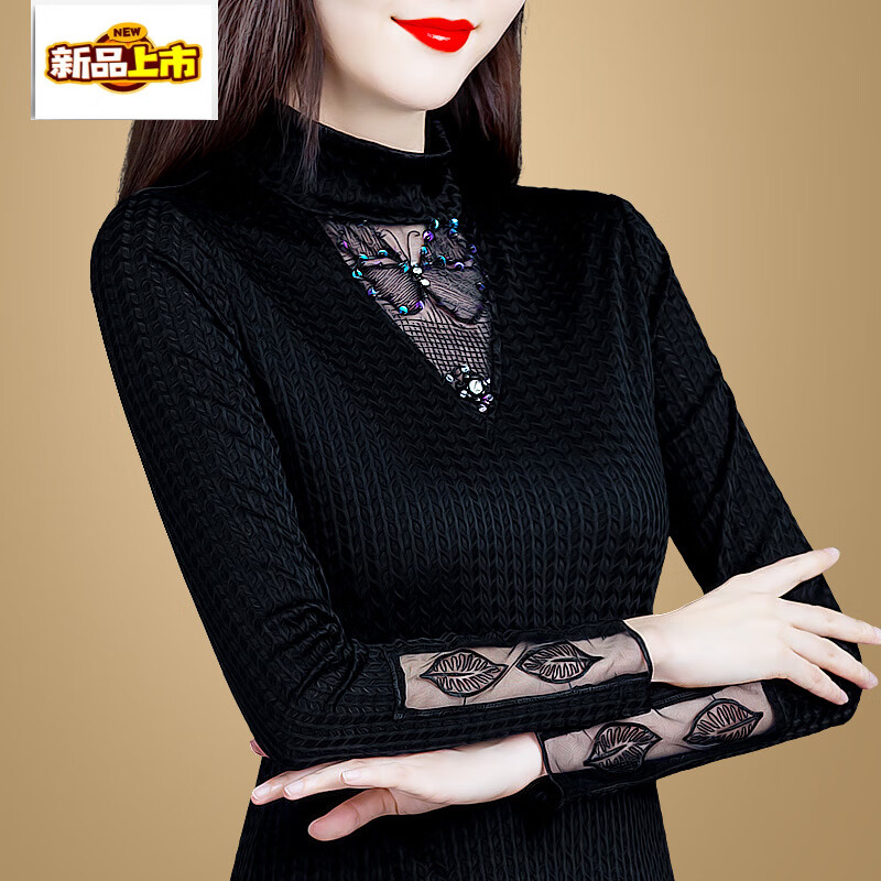 Early diameter half turtleneck bottoming shirt for women, autumn and winter 2025 new style plus velvet and thickened long-sleeved lace warm black top, black regular M