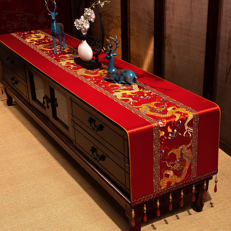Yiboqiantang New Chinese Zen Coffee Table Tablecloth Chinese Style TV Cabinet Decorative Cover Cloth Rectangular Dining Table Sideboard Dustproof Cloth Nine Heavens Feilong Emperor Yellow High Precision/Waterproof Cabinet Cloth 40*200cm (Applicable table length 1.5-1.6m)