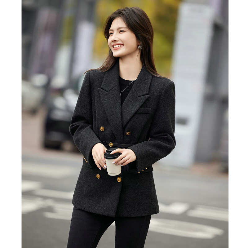 Shangjing Woolen Coat Women's 25th Winter New Women's Right Shoulder Double Breasted Business Style Quilted Thick Warm Suit Jacket for Women