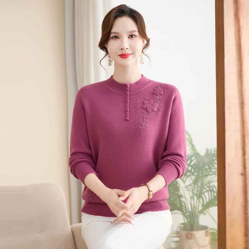 Hodo middle-aged mother's winter clothing plus velvet thickened sweater middle-aged and elderly knitwear autumn and winter half turtleneck bottoming shirt warm top