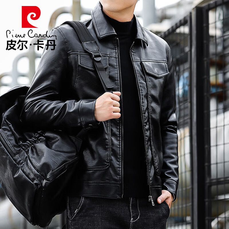 Pierre Cardin Jacket Men's Spring and Autumn Leather Casual Lapel Jacket Business Outdoor Top Jacket Black XL