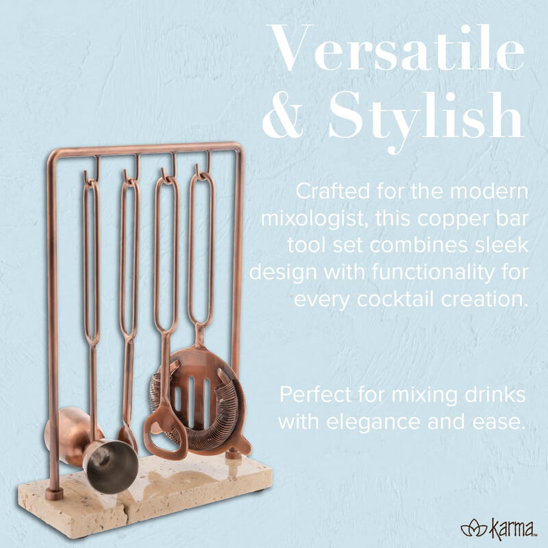 Karma Bartender Set 5-Piece Bar Tool Set with Marble Stand Home Bartending Set Copper