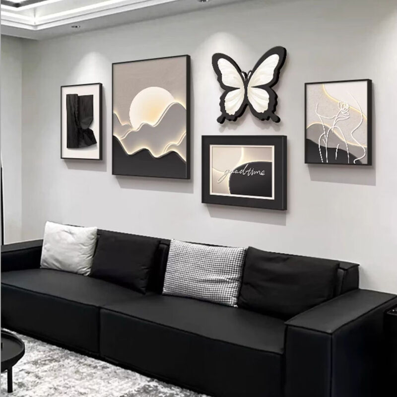 Yichao living room decorative painting modern simple light luxury high-end sofa background wall hanging painting 2026 new black and white gray mural Butterfly is Coming small set wall occupying (recommended about 2.5 meters for sofa) crystal porcelain painting/easy to take care of