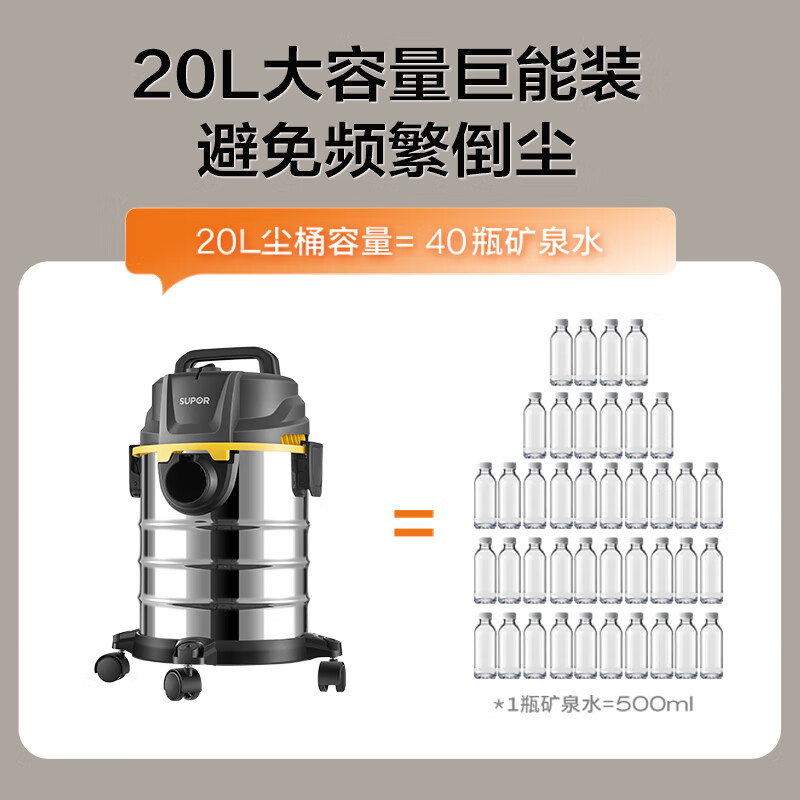 Supor bucket vacuum cleaner handheld household large suction 20L dry and wet blowing three-use stainless steel industrial wasteland cleaning equipment commercial carpet pet high-power wired bucket suction 73S
