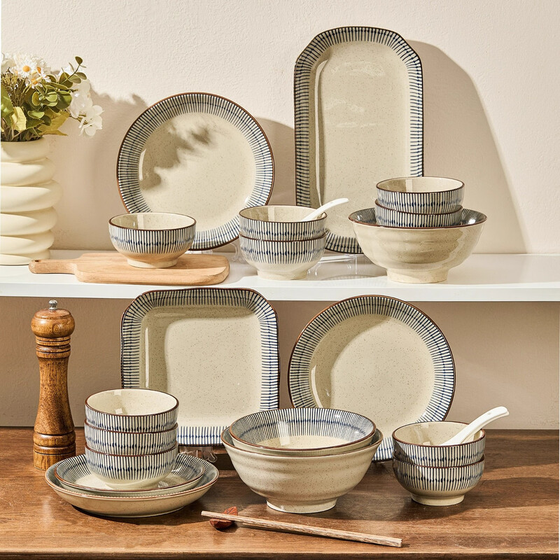 Persson Japanese ceramic tableware set household underglaze colored bowls and bowls set housewarming gift Blue Rain 18-piece gift box