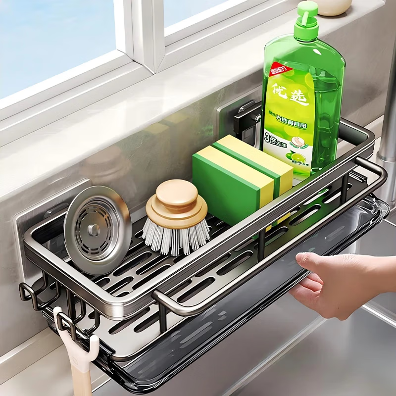 Best helper drain rack kitchen sink side storage rack no punching with rag dishwashing artifact wall hanging storage rack with drain tray